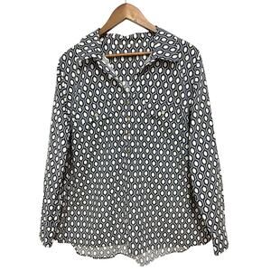 Talbots Woman 1X Navy White Geometric Button Down Shirt Roll Tab Sleeve
